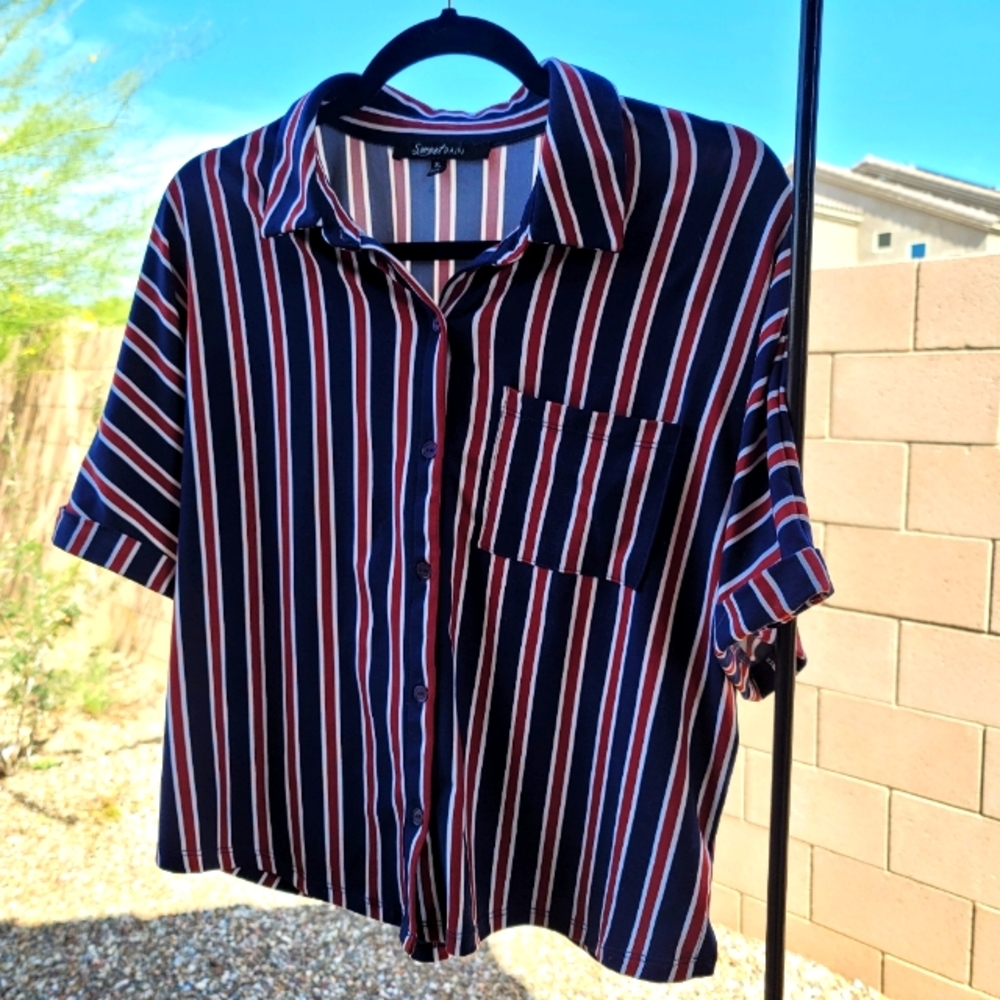 Red White & Blue striped button down shirt/blouse